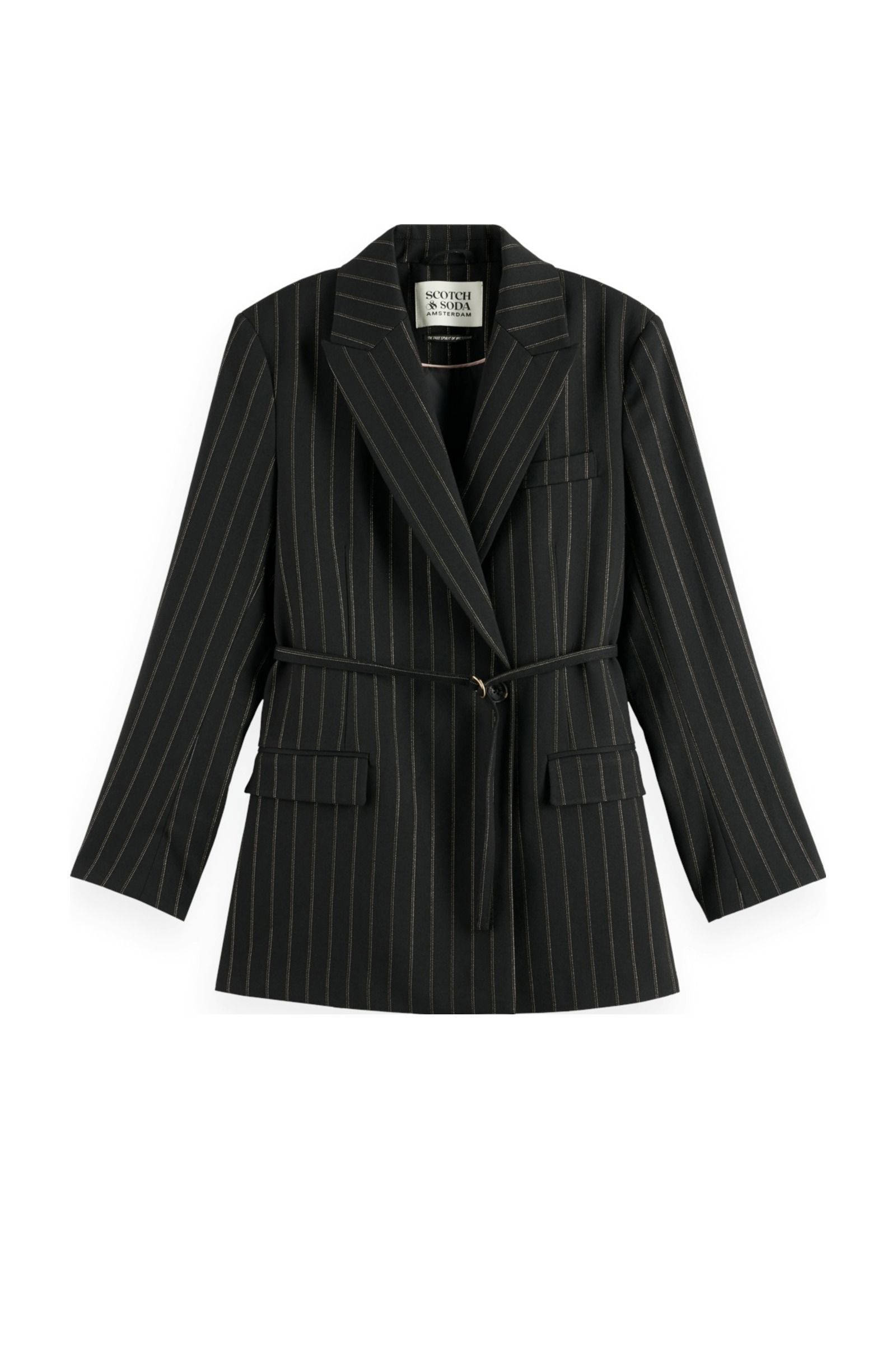 Scotch & Soda getailleerde blazer met krijtstreep en ceintuur zwart/zilver