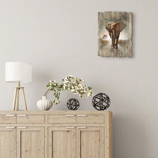 Artland Holzbild »Ein Elefant läuft auf der Strasse« Wildtiere 1 Stk. tlg.