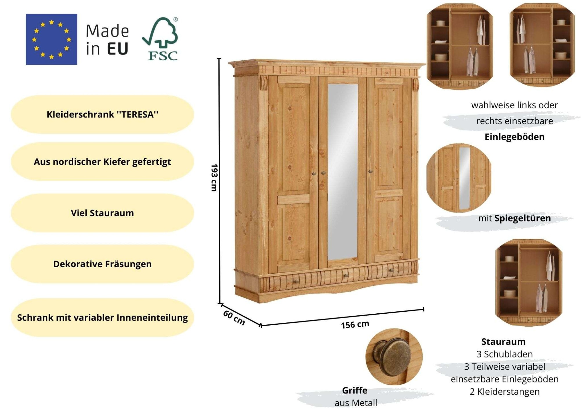 Home affaire Kleiderschrank »Teresa« 3 Türen, aus massiver Kiefer, Breite 152 cm, mit Spiegel, FSC®