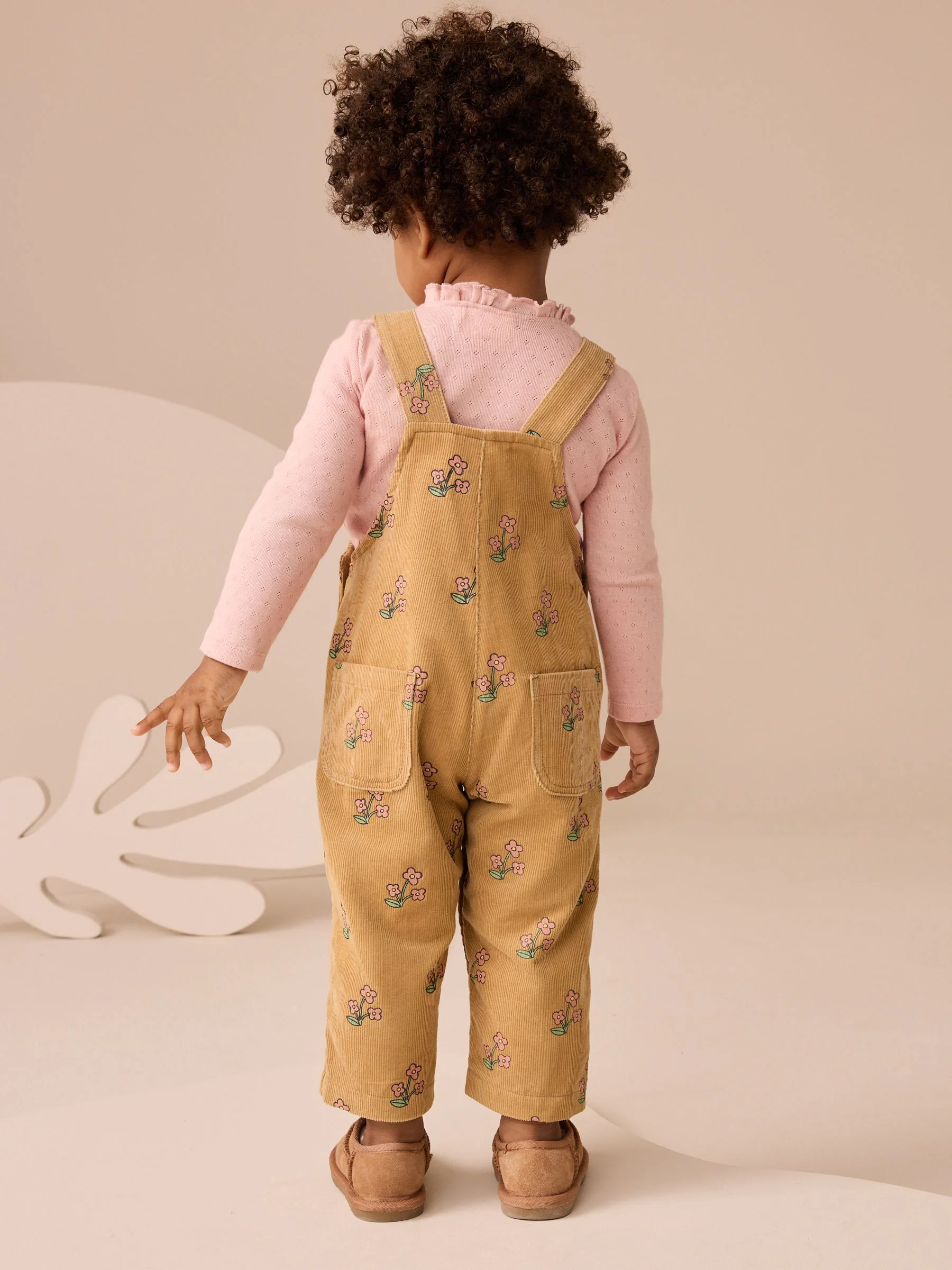 Okergeel - Set van corduroy tuinbroek met bloemenprint en T-shirt (3mnd -7jr)