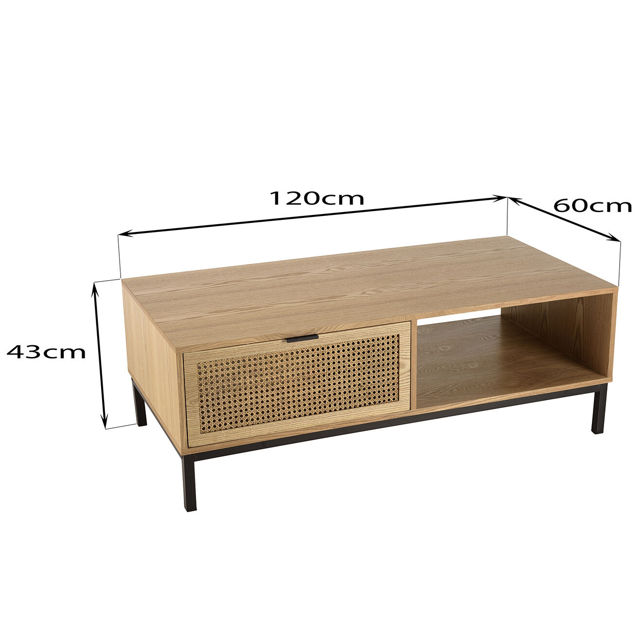 Macabane Table basse 1 niche 2 tiroirs rotin Marceau - 120x60x42 cm