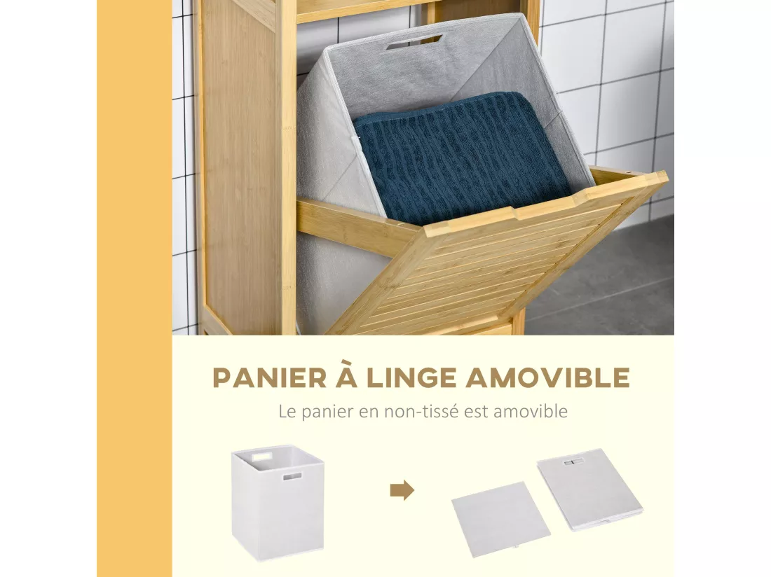 Meuble bas basculant salle de bain style cosy dim. 40L x 30l x 86,5H cm porte basculante à lattes bambou MDF aspect bois clair