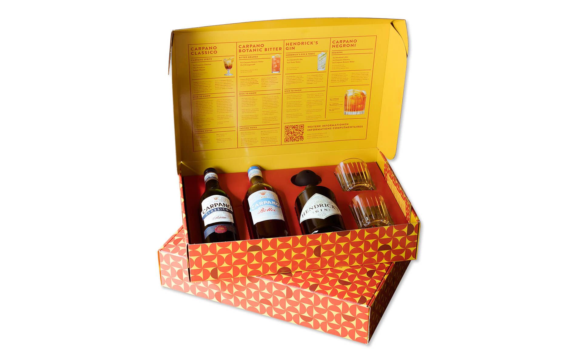 Geschenkset Negroni Kit Classico, Bitter und GinGeschenkbox mit Carpano Classico, Carpano Bitter und Hendrick's Gin