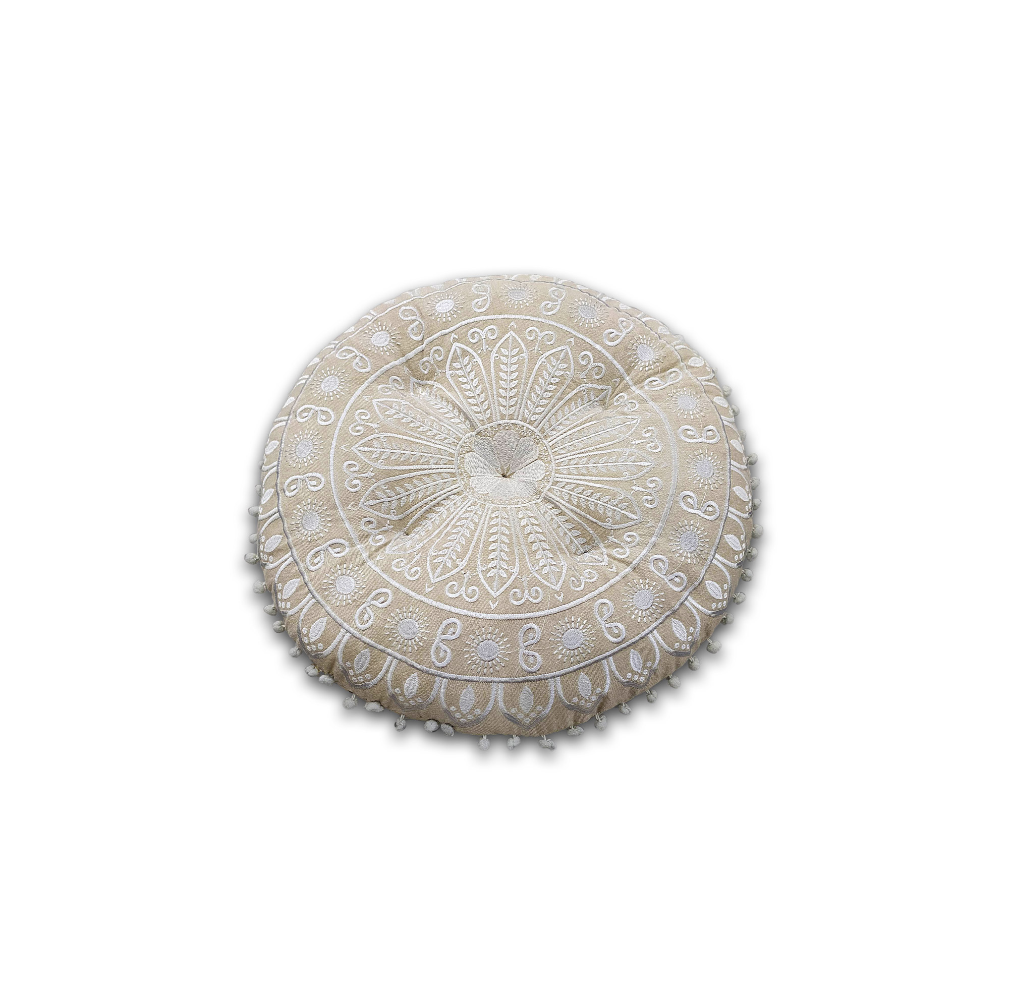 Besticktes Sitzkissen 'Fleur blanche', beige, weiß, Ø 55 cm, H 8 cm von fischer's lagerhaus