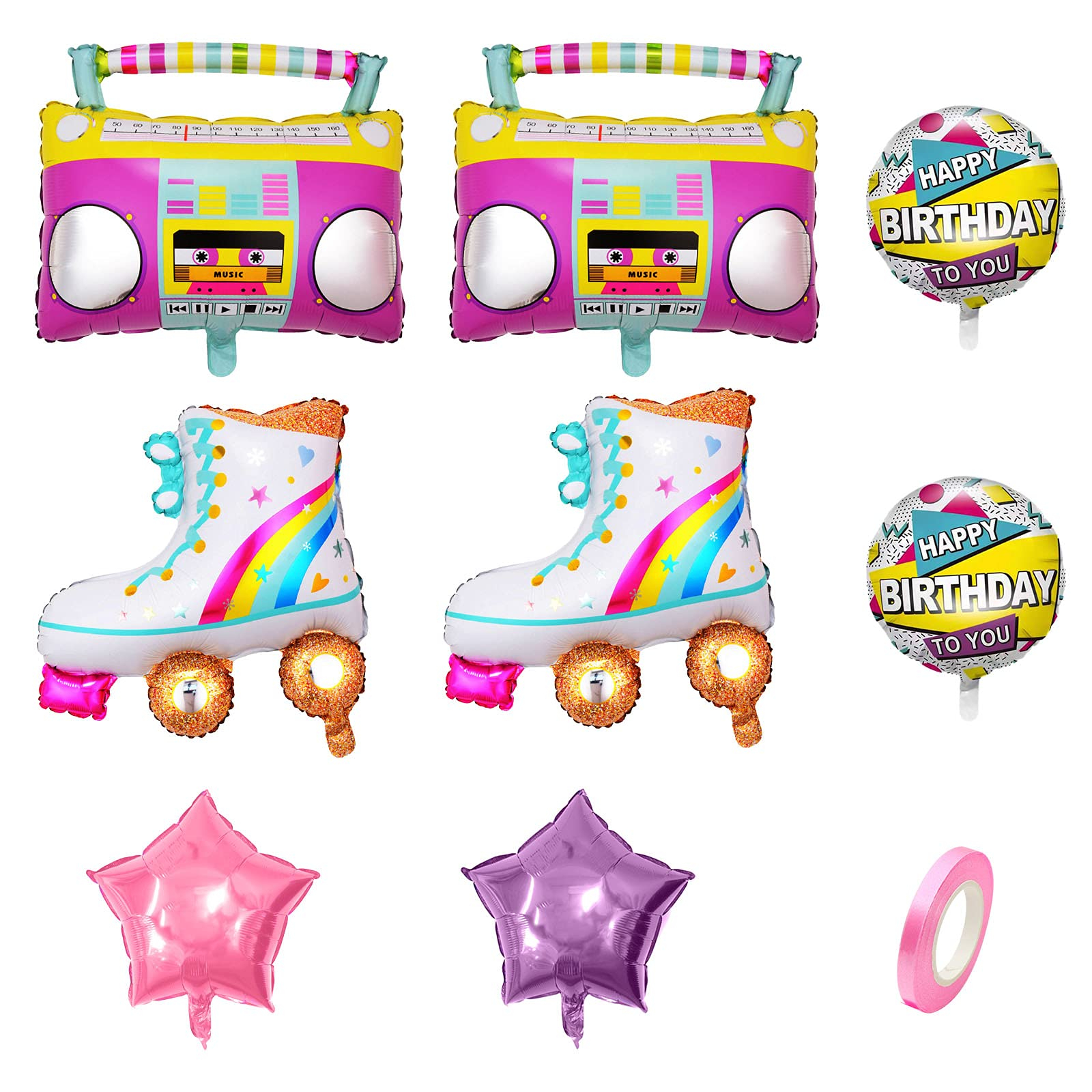 (8-tlg. Set) Happy Birthday Folien Ballon Rollschuh / Ghettoblaster Radio / Stern Luftballon Geburtstag Party Dekoration - 80er Jahre