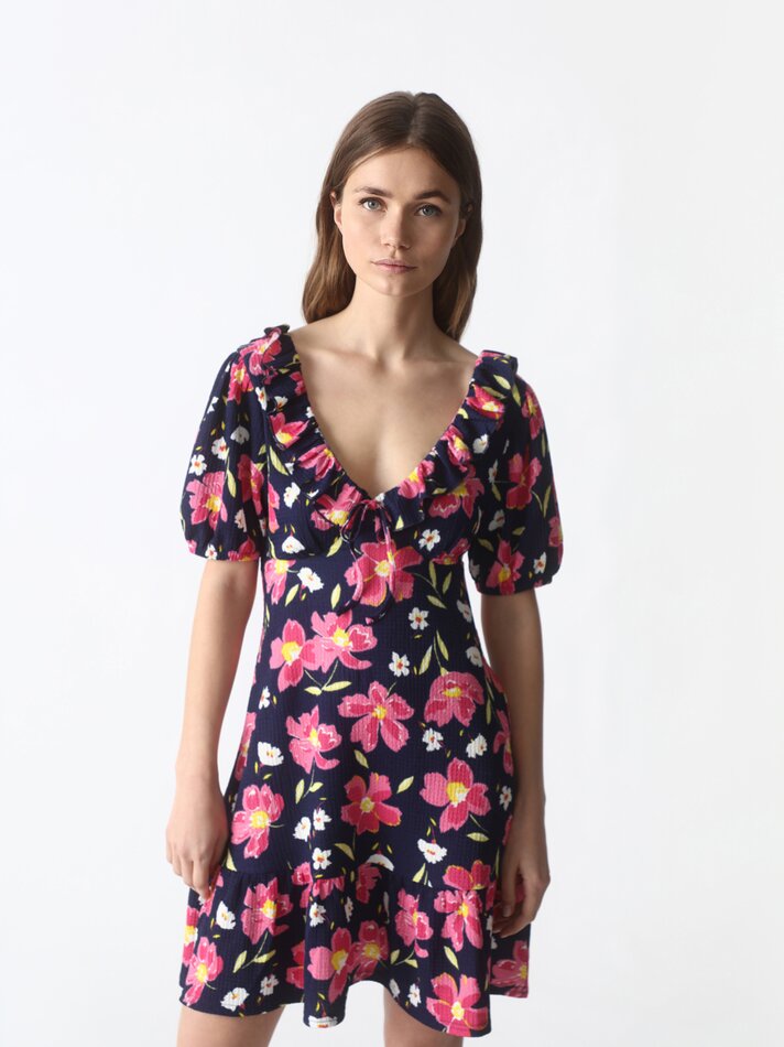 Vestido curto com babados - Azul Marinho Escuro