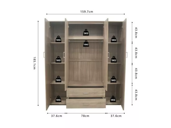 Armoire, garde-robe, avec miroir collection TOM, 4 portes 160 cm, penderie intégrée chêne sonoma