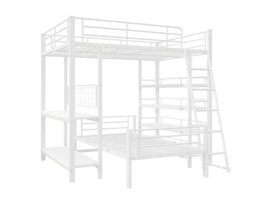Lit superposé à cadre métallique 140x200 lit mezzanine lit multifonction avec plusieurs compartiments de rangement Blanc