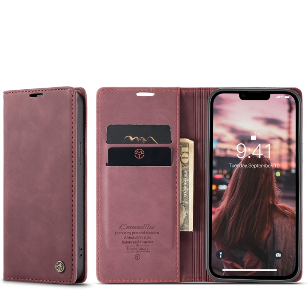 iPhone 14 Leder Tasche Flip Wallet Etui mit Kartenfächern - Dunkelrot