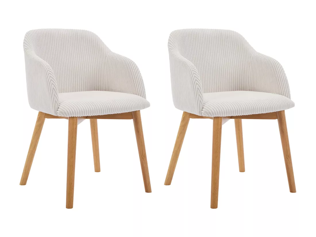 Lot de 2 chaises avec accoudoirs en velours côtelé et bois d'hévéa - Crème - JELISA