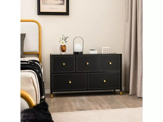 Commode Chambre, Commode Chambre Adulte 5 Tiroirs en Cuir PU et Tissu Pliable, Cadre en Métal, Chiffonnier Moderne avec Poignée Doré, Commode Rangement pour Salon, Entrée, Noir (5 Tiroirs)