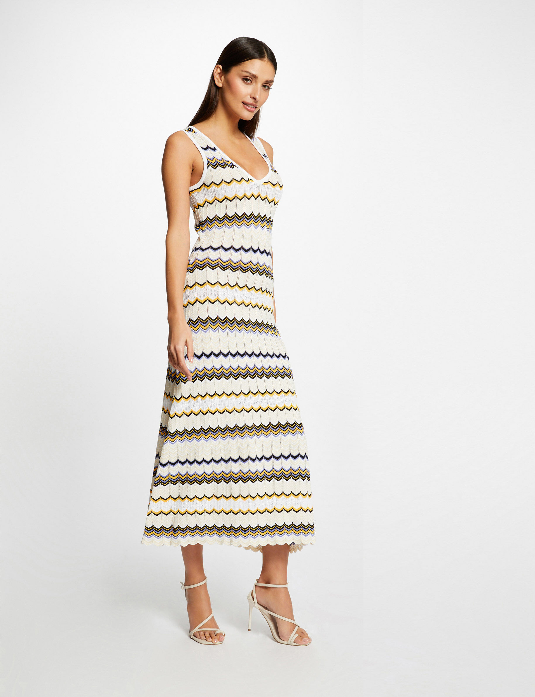 Robe pull longue droite imprimé chevron ivoire femme - ivoire