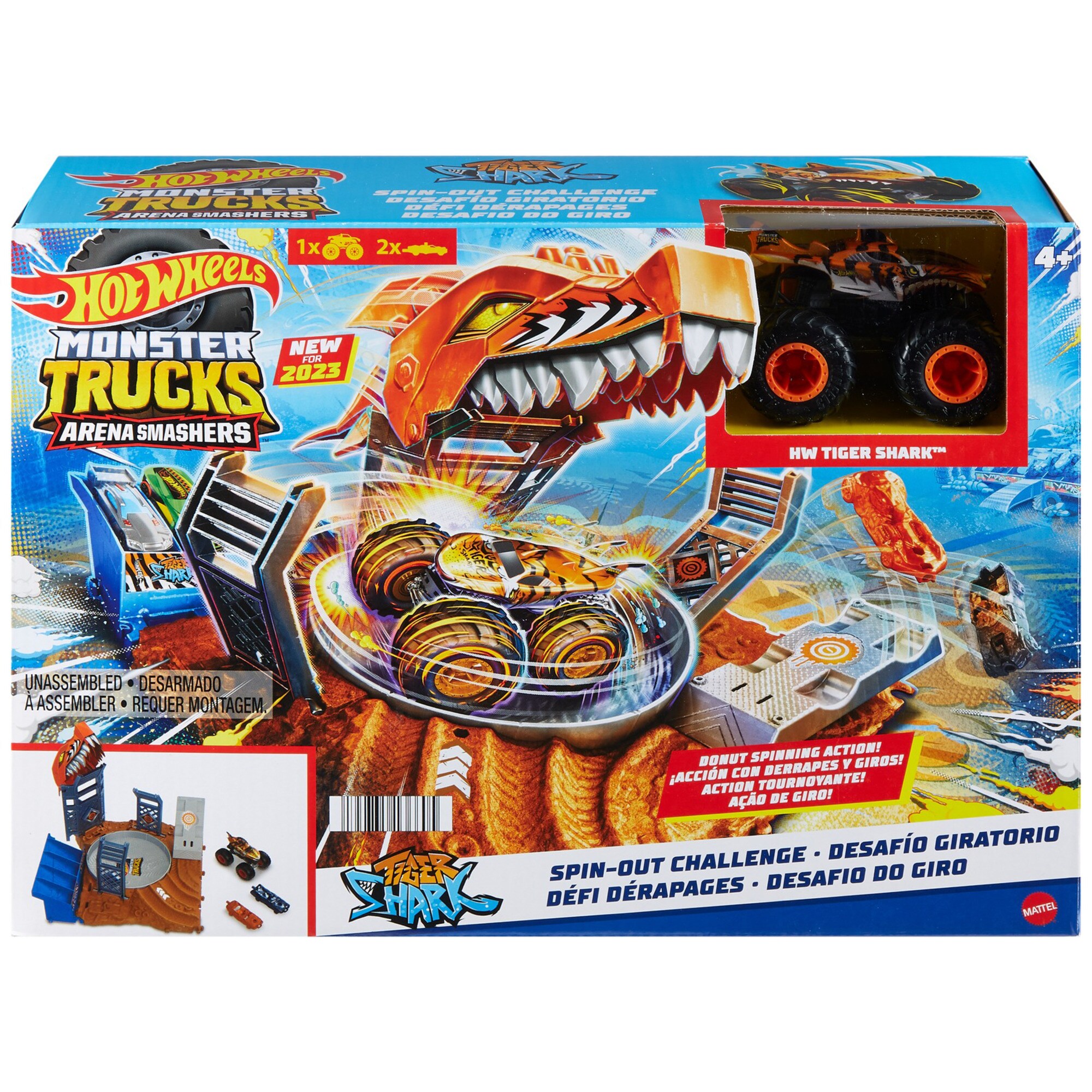 Mattel Rennbahn Monster Trucks Arena World: Semi-Finals Asst - Tiger Shark's Spin Out Frenzy