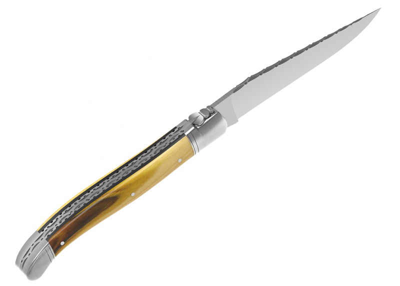 Couteau Laguiole prestige avec un manche en bois de pistachier et mitres en acier inoxydable
