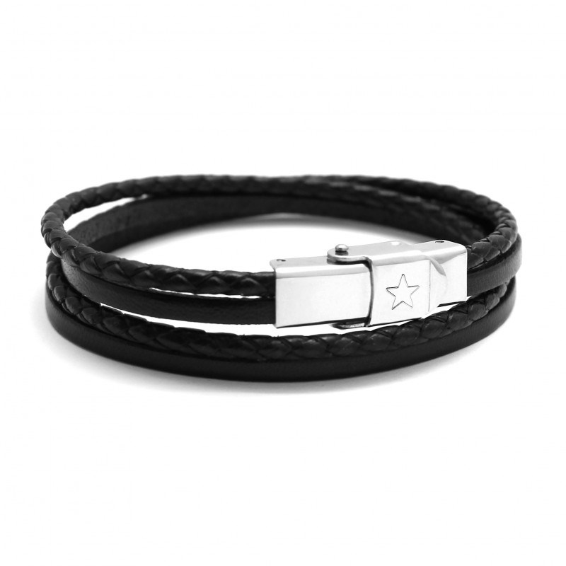 Bracelet cuir double tour et acier enfant - gravure ÉTOILE