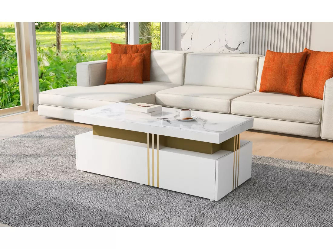 Table basse rectangulaire moderne avec plateau brillant avec 2 tiroirs en bois, plateau marbré, pour salon, 100x50x40 cm, blanc