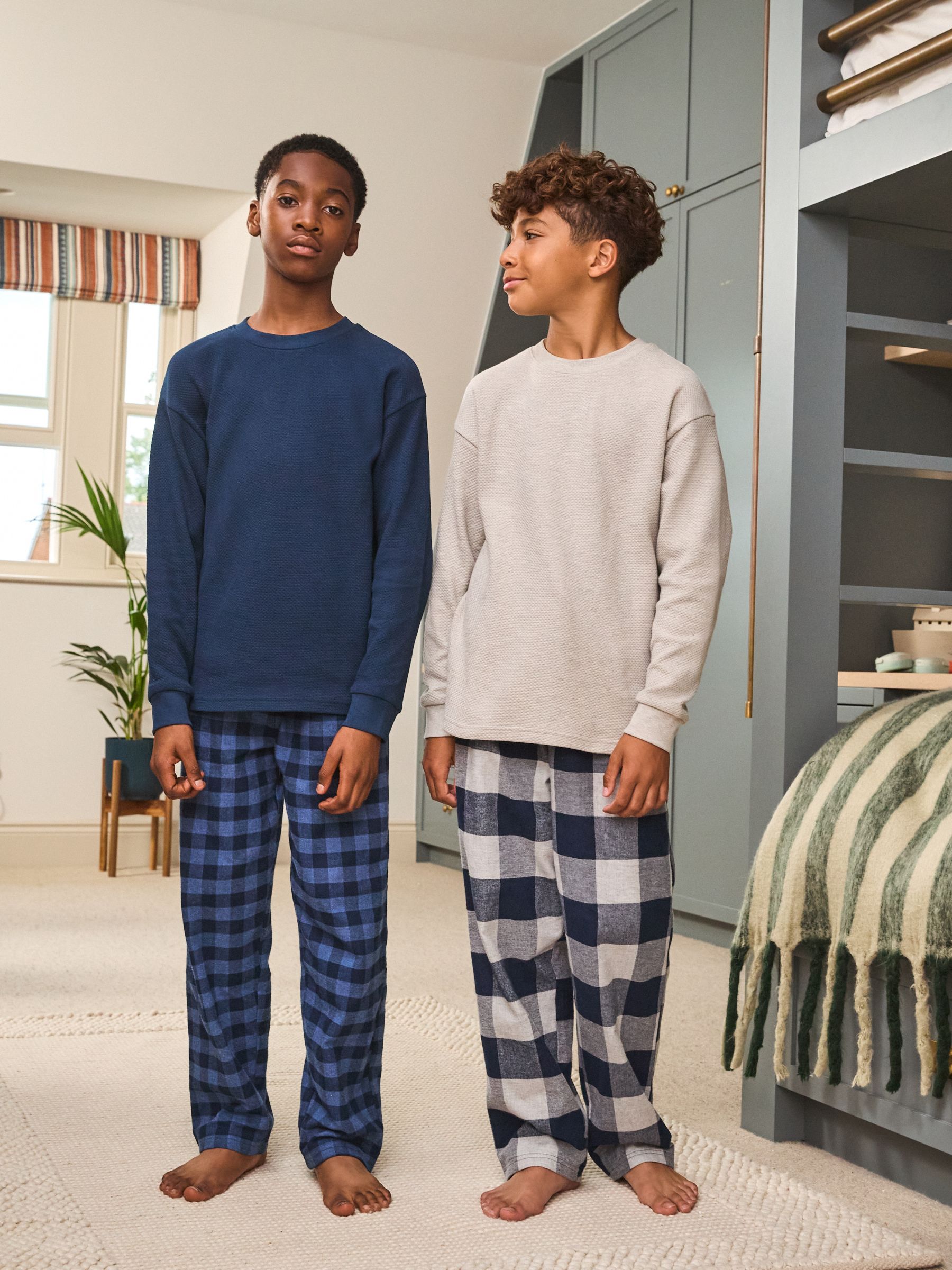Blauw/grijs - Set van 2 geweven geruite pyjama's met lange mouwen (3-16jr)