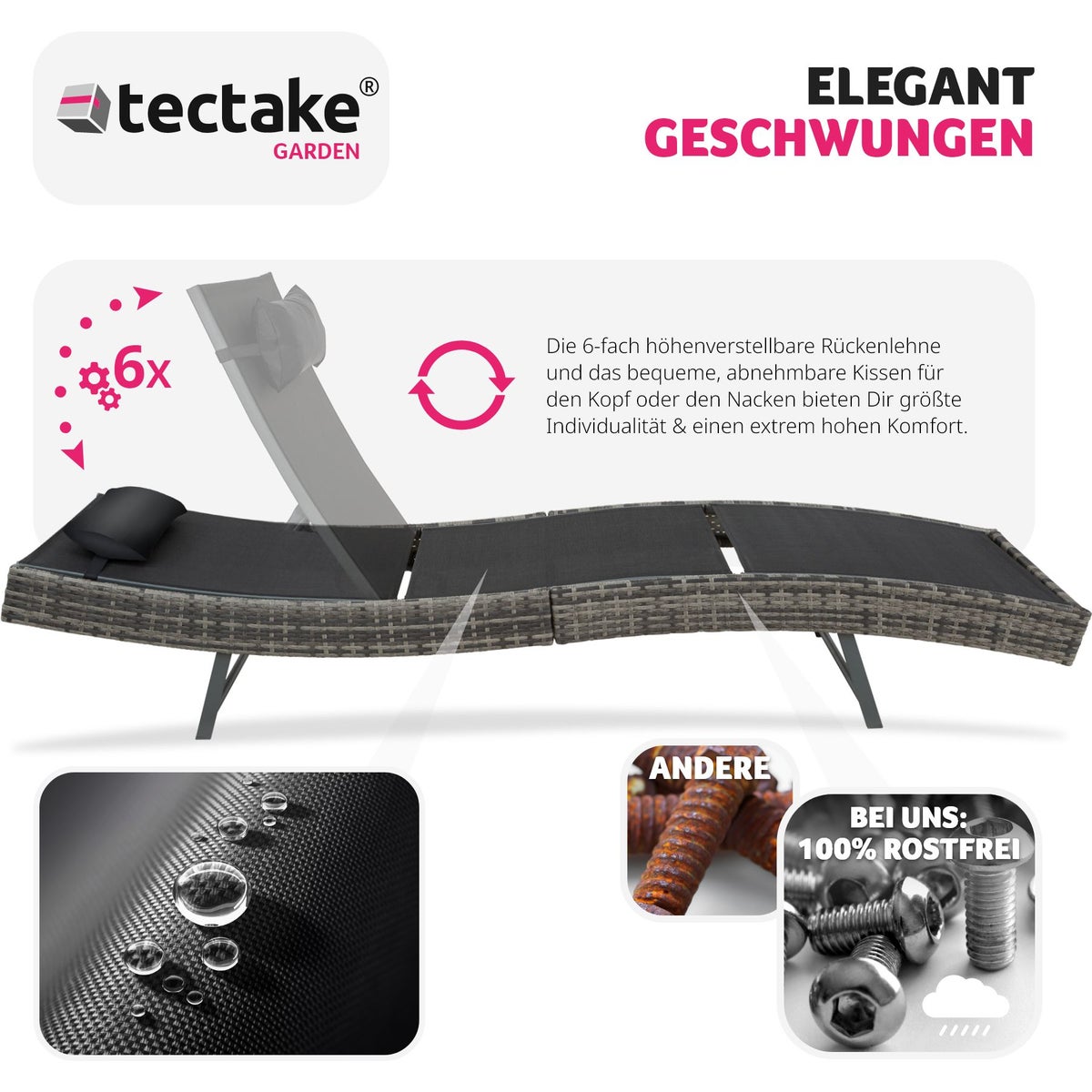 Rotan ligstoel tectake Delphine duurzaam en UV-bestendig 211 x 69 x 28-94 cm