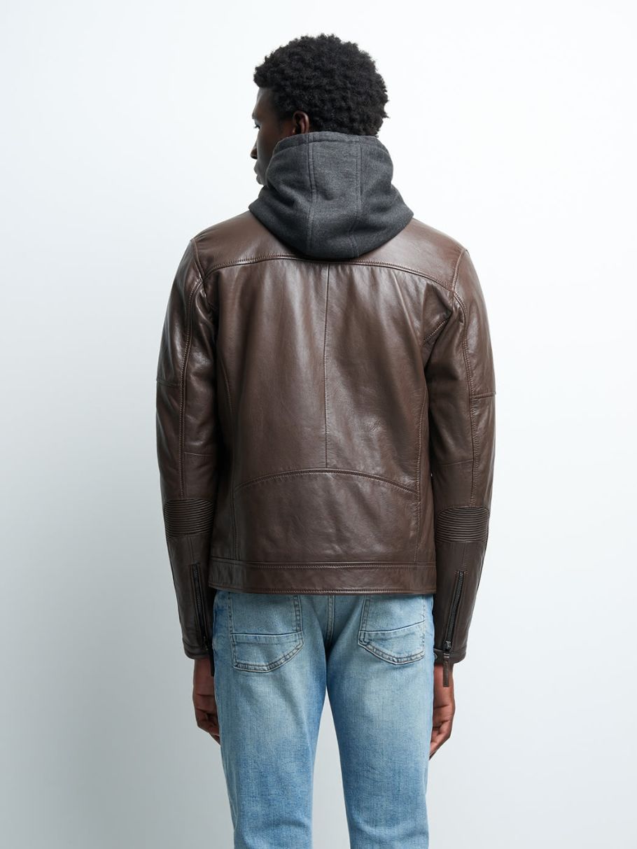 Blouson en cuir à capuche