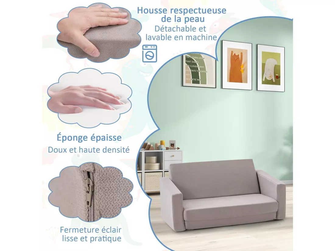2 en 1 Canapé-lit Enfant en Flanelle Textile avec Conception Ergonomique & Dossier Large, Fauteuil Enfants Convertible avec Housse Amovible & Lavable, Charge 50kg pour 18-36 Mois