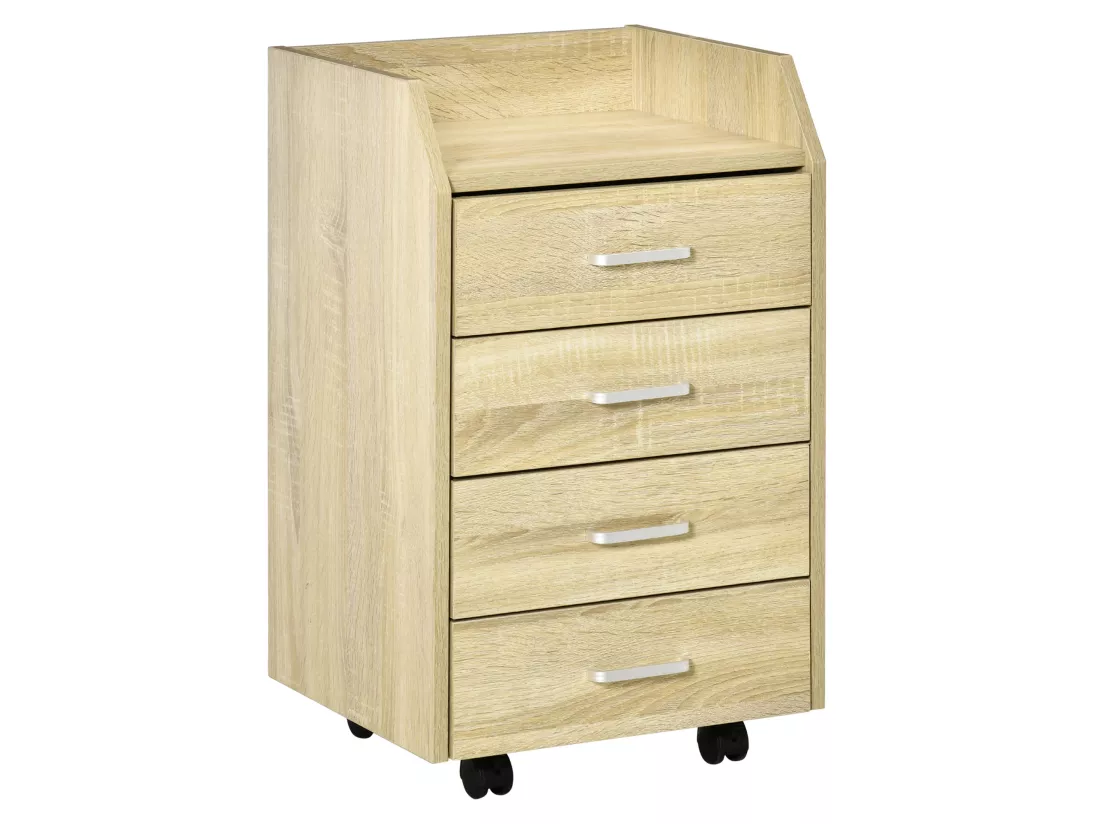 Vinsetto Caisson de bureau rangement bureau sur roulettes 4 tiroirs coulissants plateau à rebord MDF panneaux particules aspect chêne clair