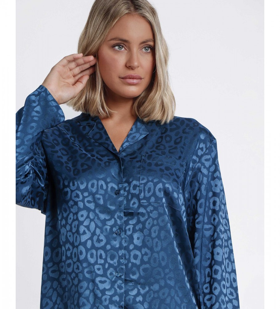 Pijama aberto Admas em cetim com estampa de leopardo azul
