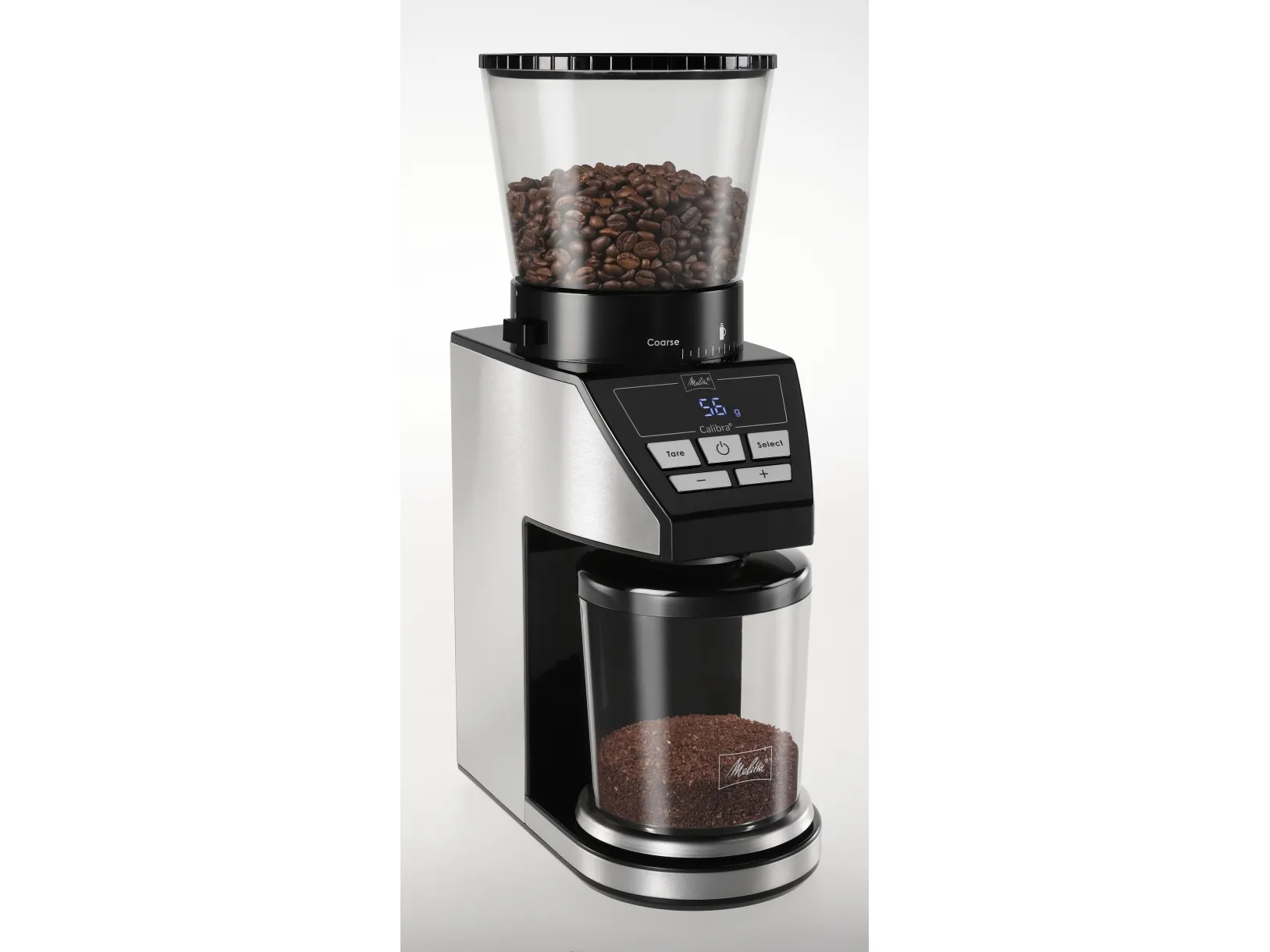 Melitta 1027-01, Burr kværn, 375 g, Konisk møtrik, LCD, Sort, Rustfrit stål, 160 W