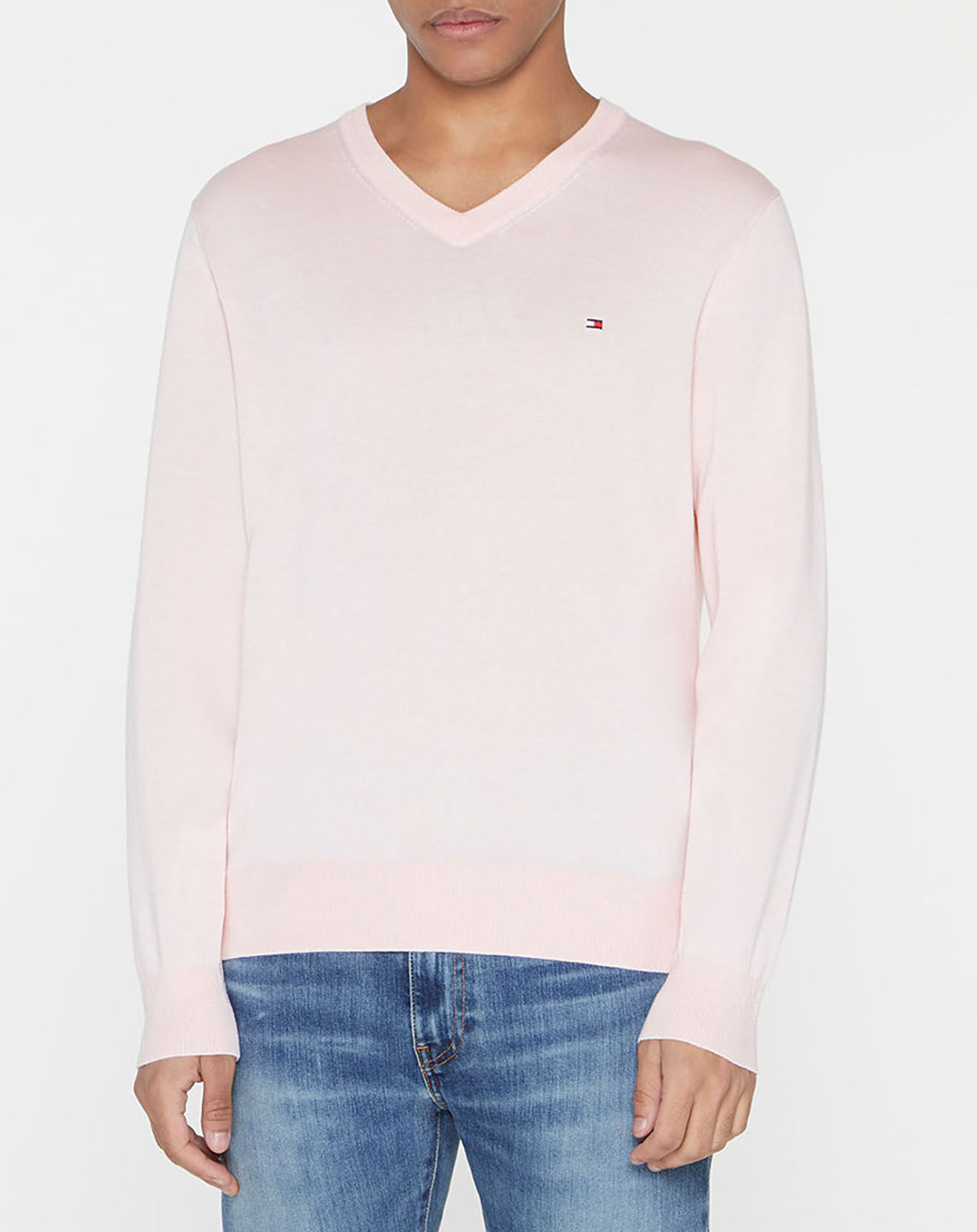 Tommy Hilfiger Pull col V en Coton Bio & Soie rose clair
