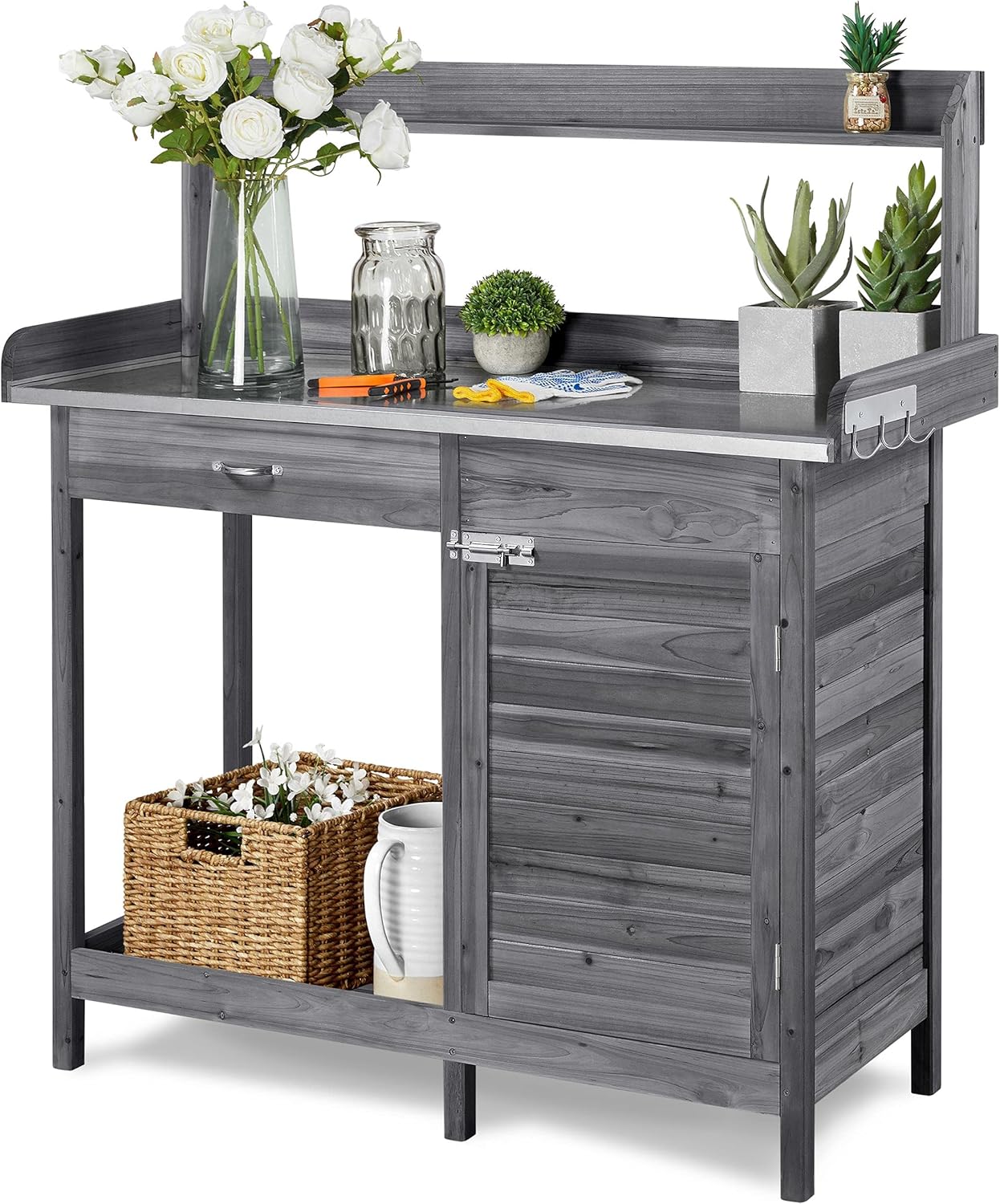 Yaheetech Pflanztisch mit verzinkter Arbeitsplatte, Wetterfest Gärtnertisch Blumentisch Holzpflanztisch mit Unterschrank, Ablagefläche und Schublade für den Garten/Terrasse/Balkon, Grau