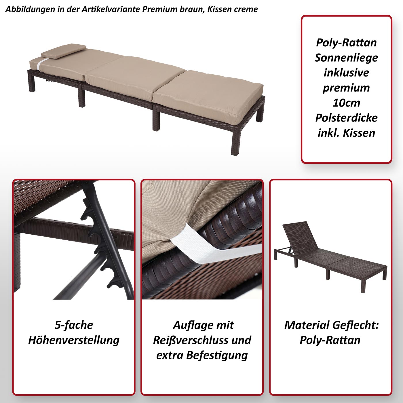 Poly-Rattan Sonnenliege MCW-A51, Relaxliege Gartenliege Liege ~ Basic anthrazit, Kissen creme