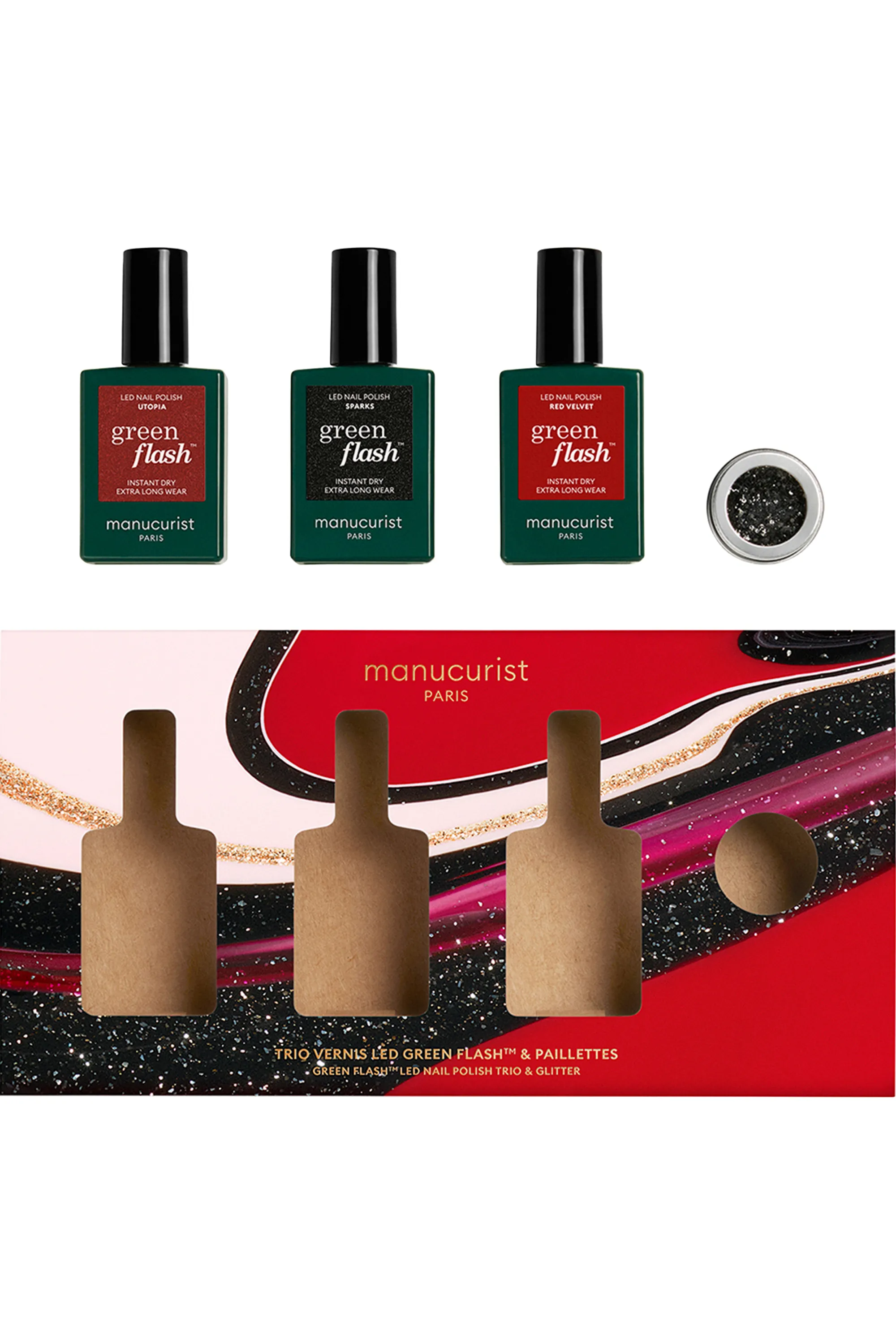 Manucurist Coffret Holiday de 3 vernis Green Flash + paillettes-400 g