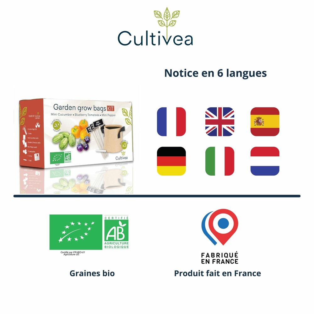 Kit sacs de culture bio* (concombre cocktail, tomate blueberry, mini poivron)