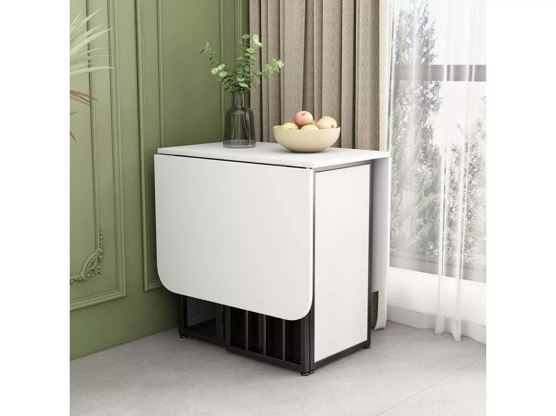Table à manger extensible 2 à 6 couverts avec étagères de rangement - Panneau de particules et métal - blanc + noir
