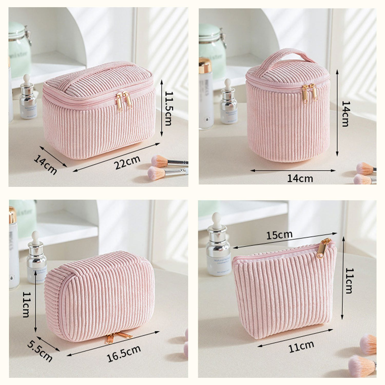 (4er Set) Flanell Kosmetik Make Up Tasche Handgepäck Necessaire Organizer Bag mit Reissverschluss - Rosa