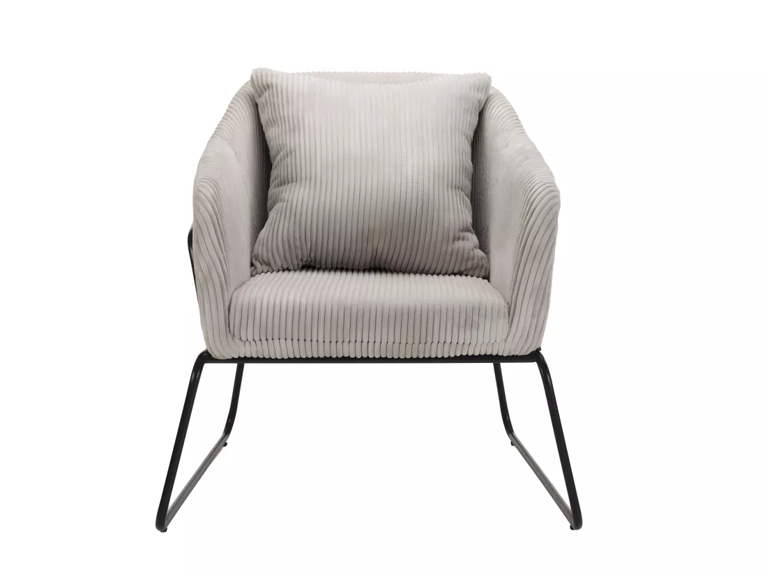 ALBANE - Fauteuil tissu velours cotelé gris perle pieds évasés métal
