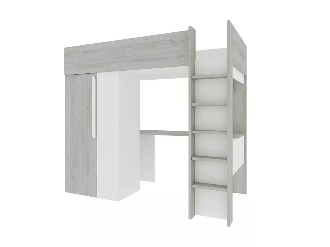 Lit mezzanine 90 x 200 cm avec armoire et bureau - Naturel grisé et blanc + Matelas - NICOLAS
