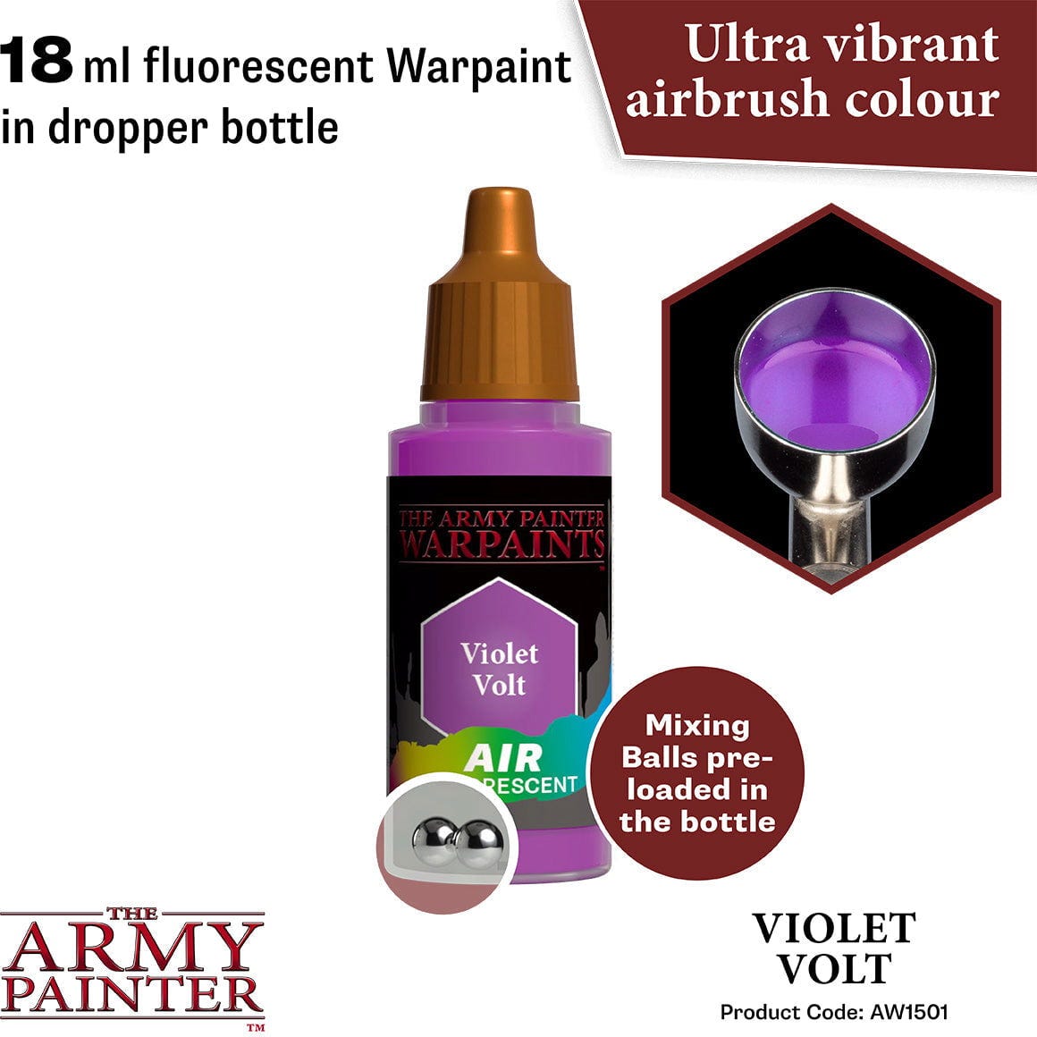 The Army Painter  Warpaints Air Fluorescent, Violet Volt    Leuchtstarke Airbrushfarben für maximale Sichtbarkeit