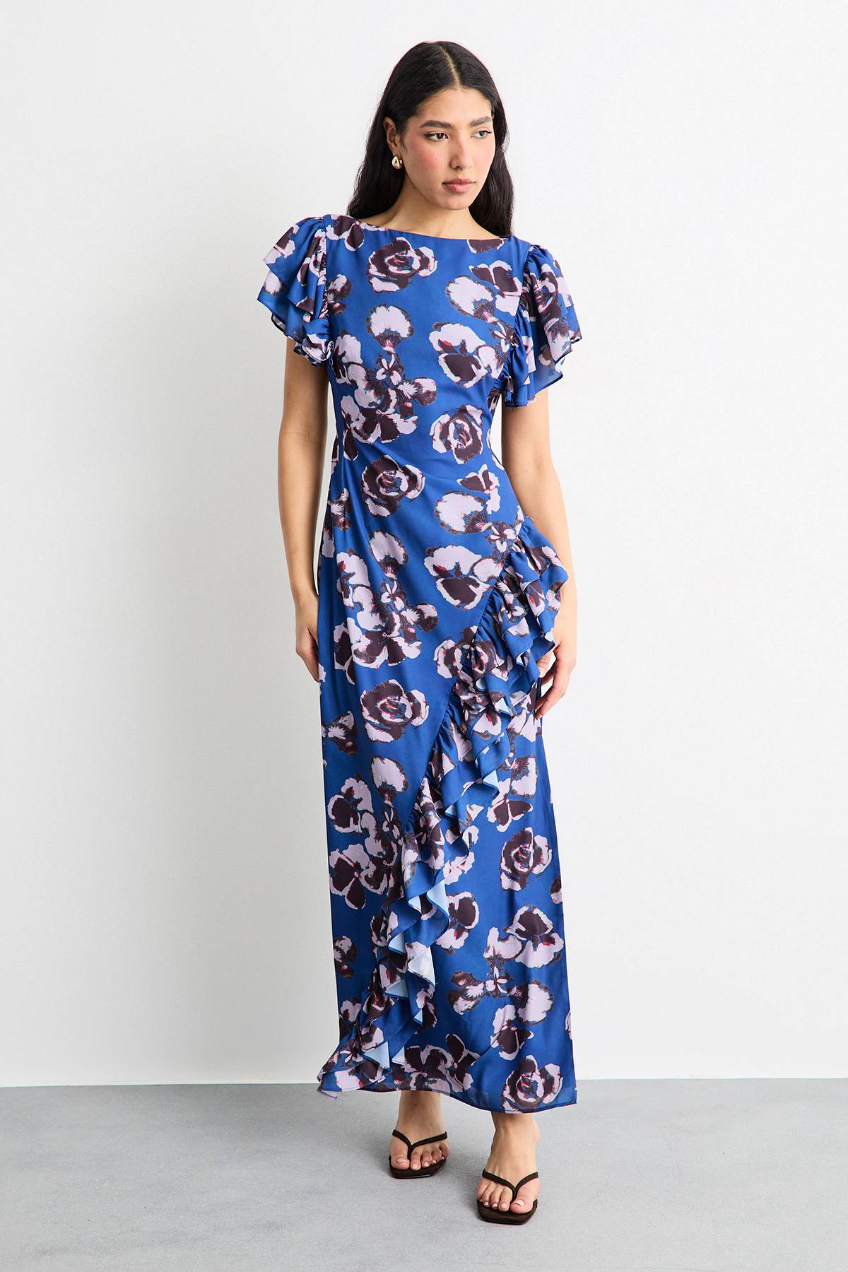 Warehouse Robe Maxi à Fente Latérale avec Détails Volantés
