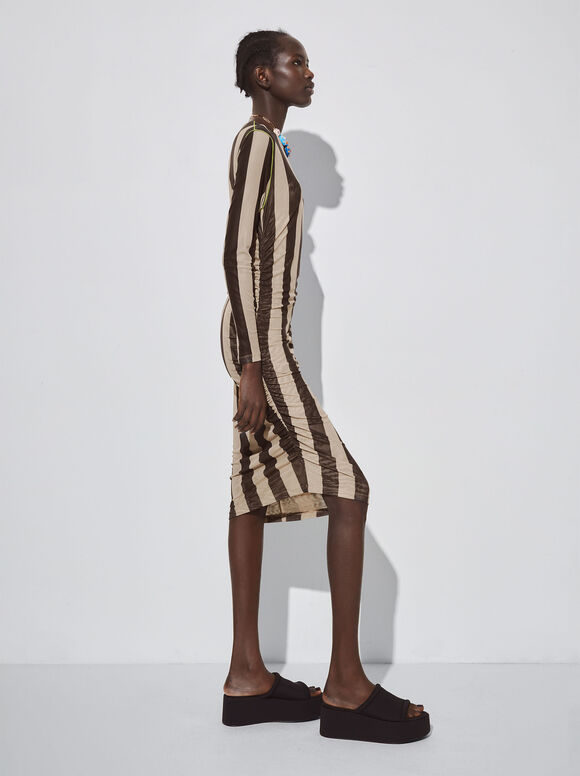 Vestido midi de tule listrado - Multicolorido