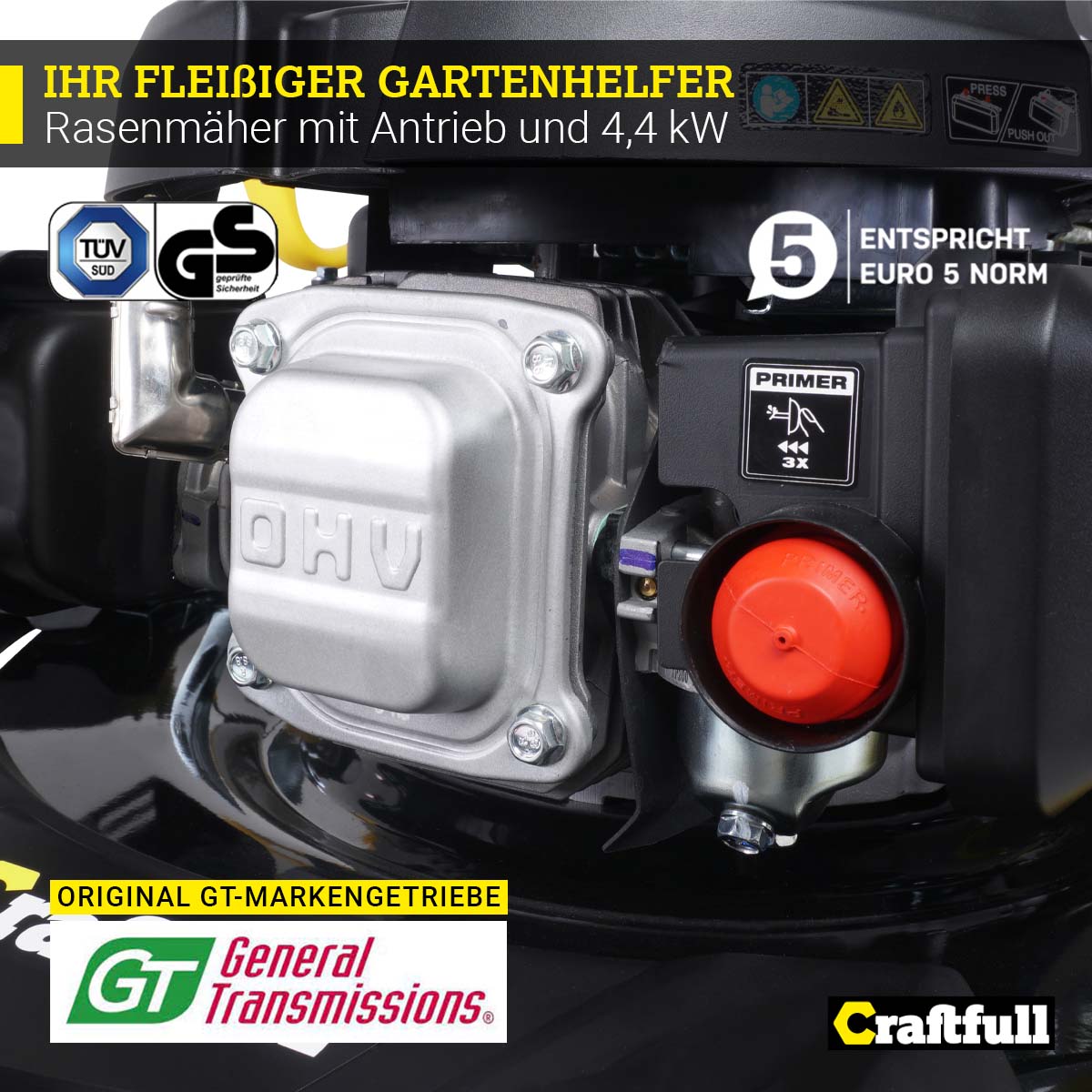 Craftfull Premium Benzin-Rasenmäher CR-196-10E, 5in1, Elektrostarter, 4,4kW, GT-Leichtlaufgetriebe