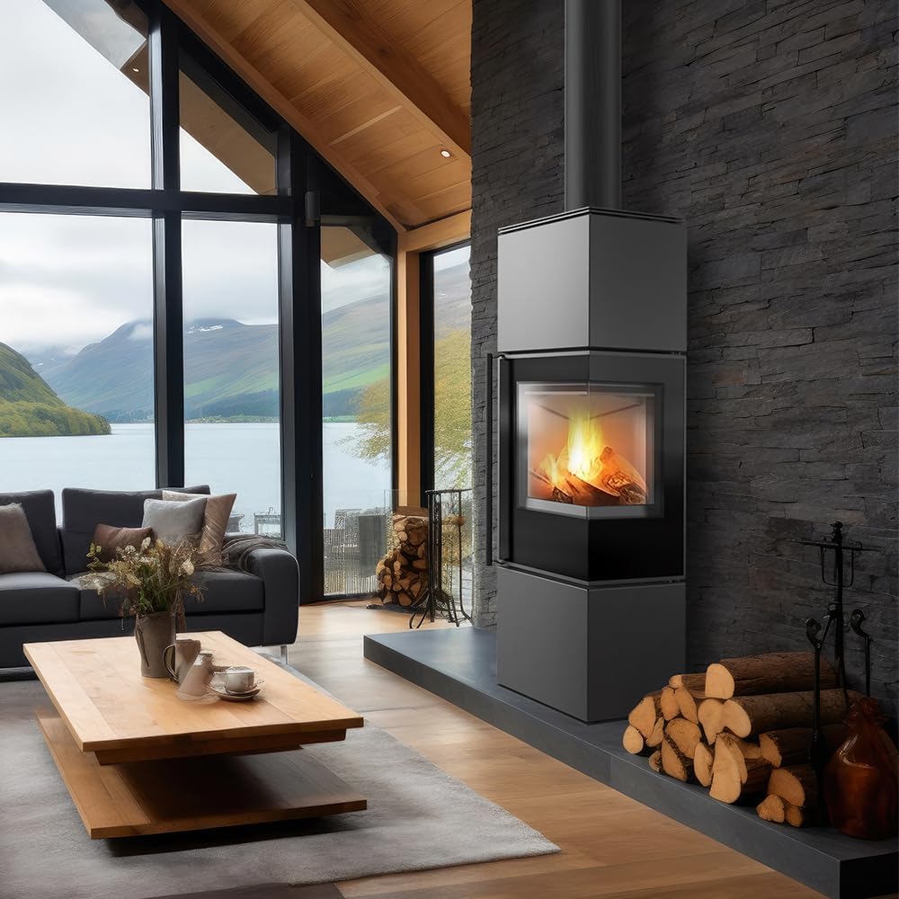 KRATKI Ren/M Eckkamin 7 kW – Freistehender Kaminofen aus Stahl Ø 150 mm 2 Seiten Glas - BImSchV 2, Ecodesign & Flamme Verte - doppelseitige Sichtscheibe, Tür rechts