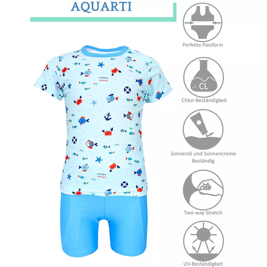 Aquarti Baby Jungen Bade-Set Zweiteiliger Badeanzug T-Shirt Hose blau
