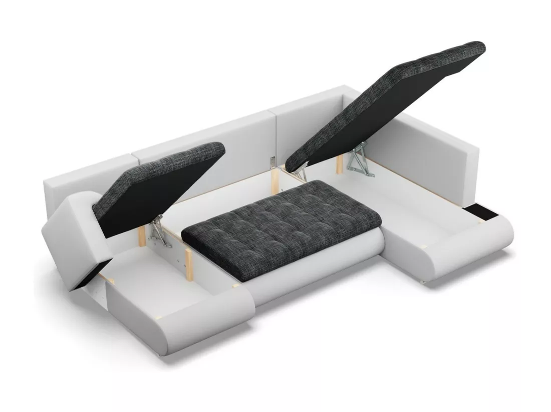 Canapé d'angle en U avec fonction sommeil, Ottoman, Noir + Gris