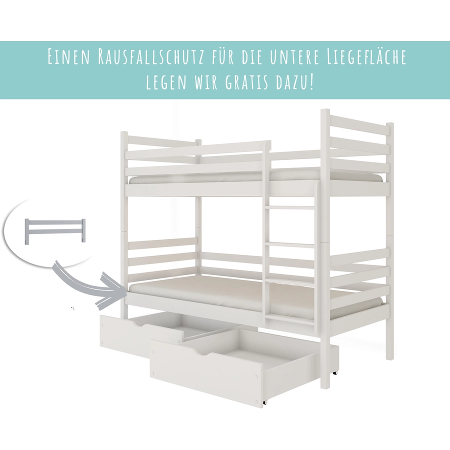Kids Collective Hochbett 90x200 Etagenbett mit Rausfallschutz und Lattenrost weiß mit Schublade