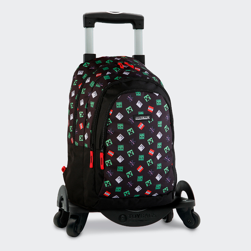Mochila escolar Minecraft TNT para o Ensino Fundamental com Compartimento Duplo + Carrinho para Sacolas de Brinquedos com 4 Rodas Giratórias