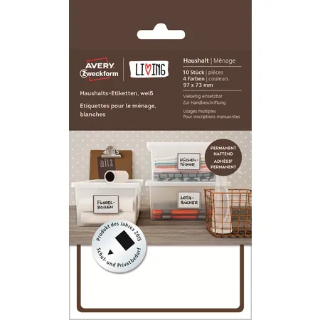 Avery Zweckform 62009 Haushaltsetiketten, weiß, 97 x 73 mm, 5 Bogen/10 Etiketten, 4 Farben pro Packung