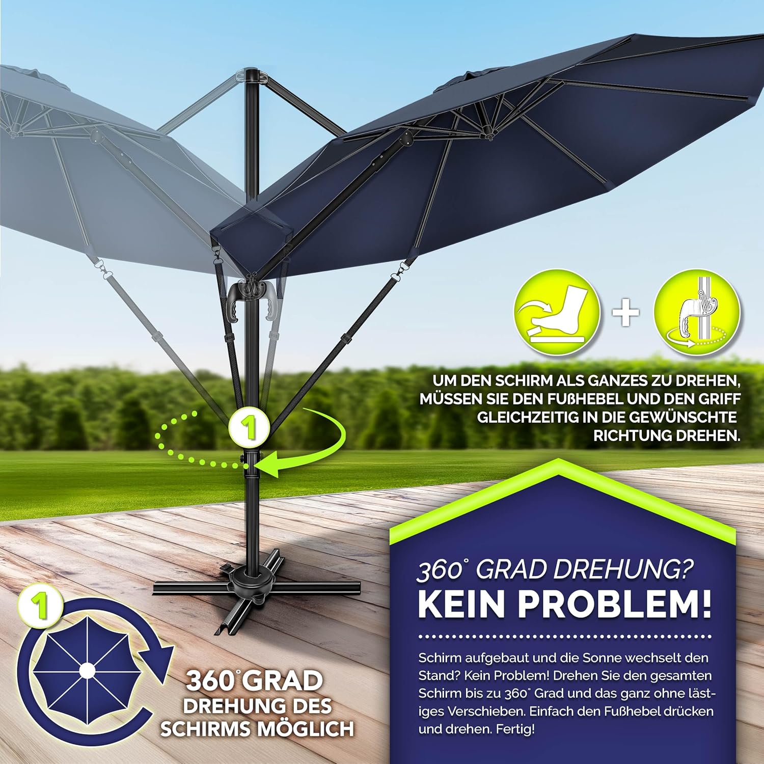 tillvex® Premium Alu Sonnenschirm 330 cm + Abdeckung & Windsicherung | Ampelschirm 6-Fach verstellbar mit Kurbel | Gartenschirm 360° Drehbar Neigbar Kippbar | UV50+ wasserdicht