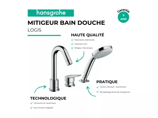 Mitigeur bain douche 3 trous HANSGROHE Logis chromé