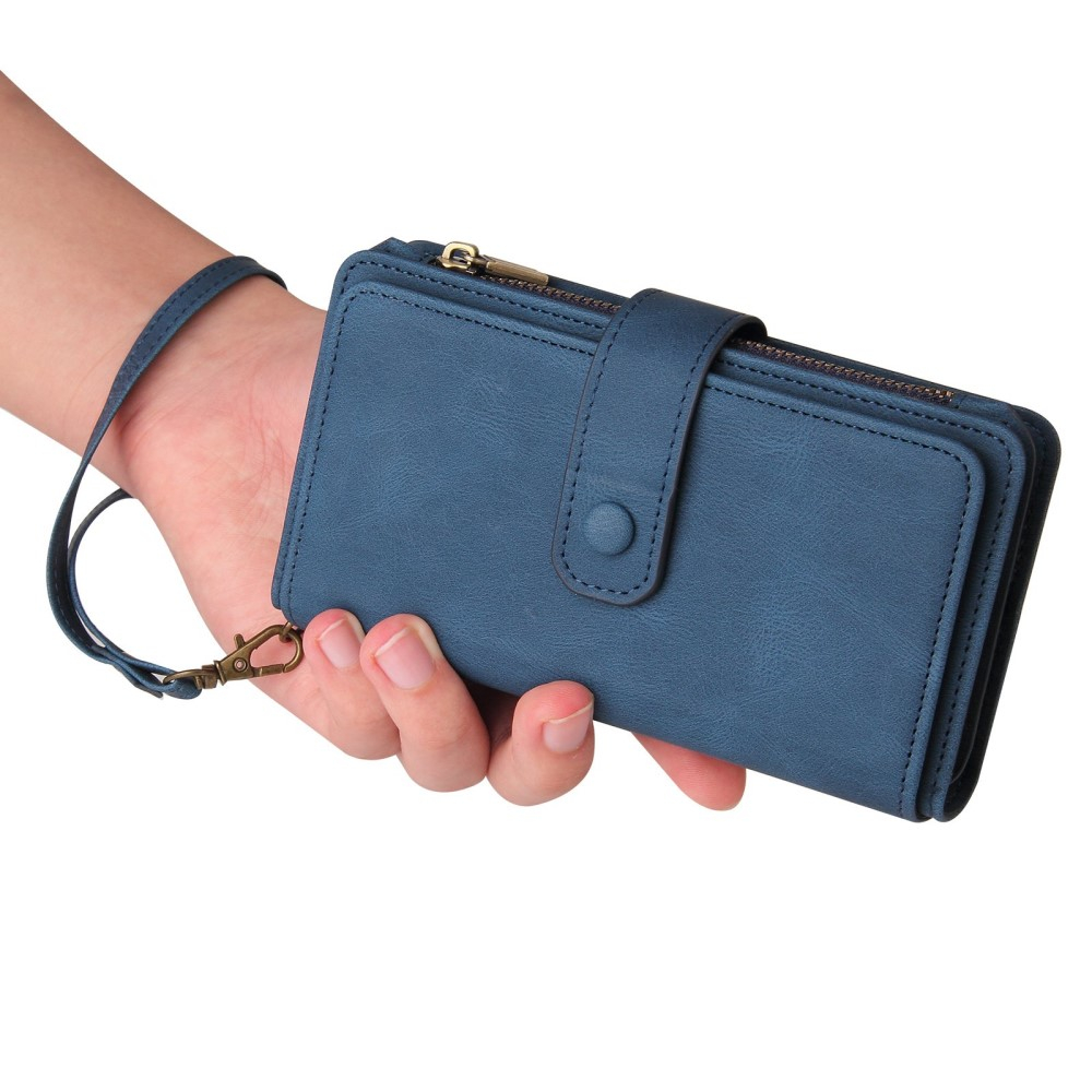 iPhone 14 Pro Leder Wallet Etui Tasche mit 13 Kartenfächern   Münzfach - Blau