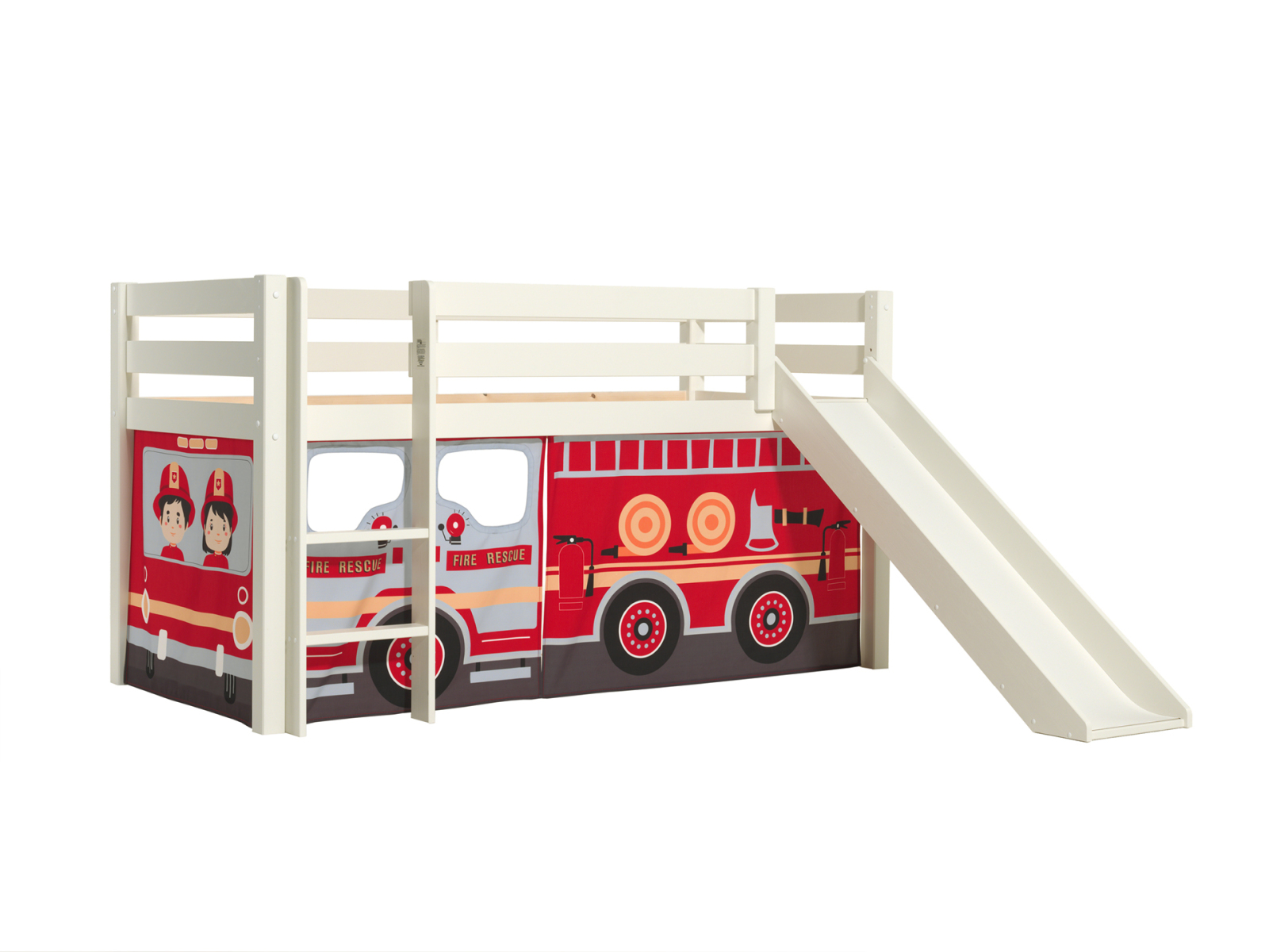 Halbhochbett PINO - Fire Rescue - Kiefer weiß Massivholz - mit Rutsche - 90x200 cm